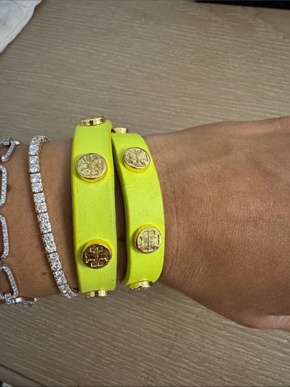 Tory Burch Neon Lemon neon Double-Wrap Leather Logo Stud Bracelet